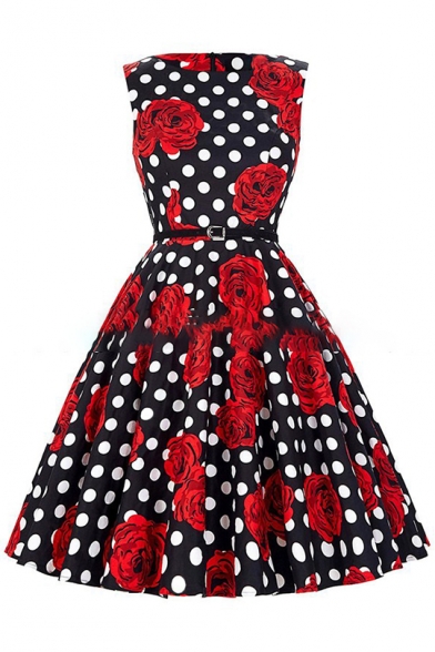 Floral Polka Dot Printed Round Neck Sleeveless Midi A-Line Dress