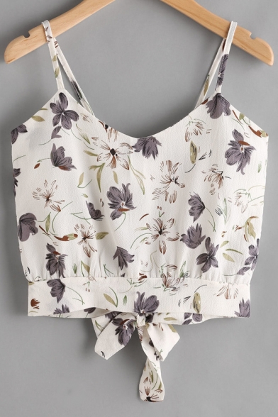 Floral Printed Tied Back Spaghetti Straps Sleeveless Crop Cami