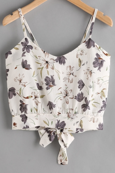 Floral Printed Tied Back Spaghetti Straps Sleeveless Crop Cami
