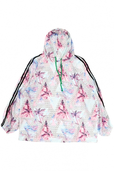 Geometric Floral Printed Contrast Striped Long Sleeve Hooded Sun Proof Hooded Coat