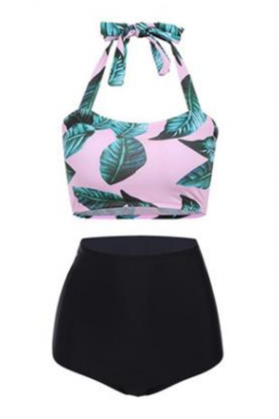 Halter Sleeveless Palm Leaf Printed Crop Top with High Waist Plain Bikini