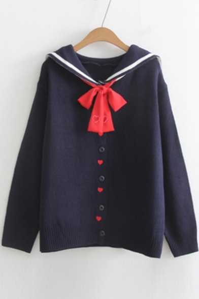 Heart Pattern Embroidered Bow Tied Embellished Navy Collar Long Sleeve Buttons Down Cardigan