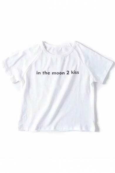 IN THE MOON Letter Printed Round Neck Short Sleeve Crop Tee
