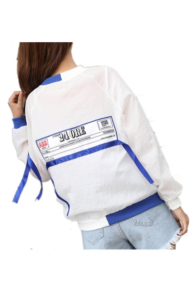 Letter Printed Color Block Long Sleeve Stand Up Collar Zip Up Sun Proof Coat