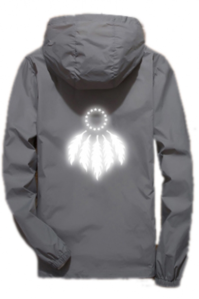 Pentagram Feather Printed Long Sleeve Zip Up Hooded Coat