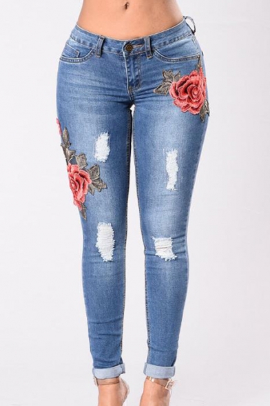 Ripper Detail Floral Embroidered Zipper Fly Skinny Jeans