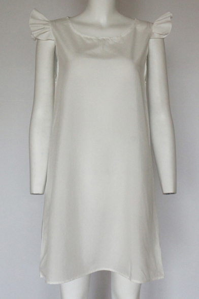 Ruffle Detail Short Sleeve Round Neck Plain Mini A-Line Dress
