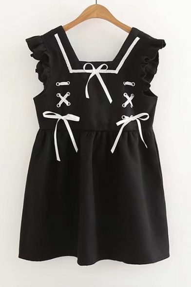 Square Neck Sleeveless Lace Up Embellished Mini A-Line Dress