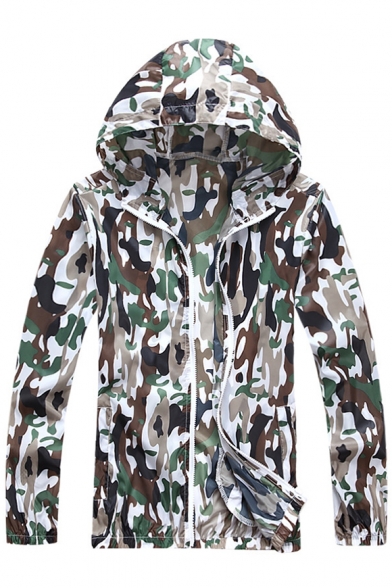 Trendy Camouflage Printed Long Sleeve Zip Up Sun Proof Hooded Coat