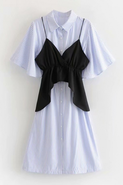 Two Pieces Lapel Collar Short Sleeve Striped Buttons Down Midi A-Line Dress with Cami
