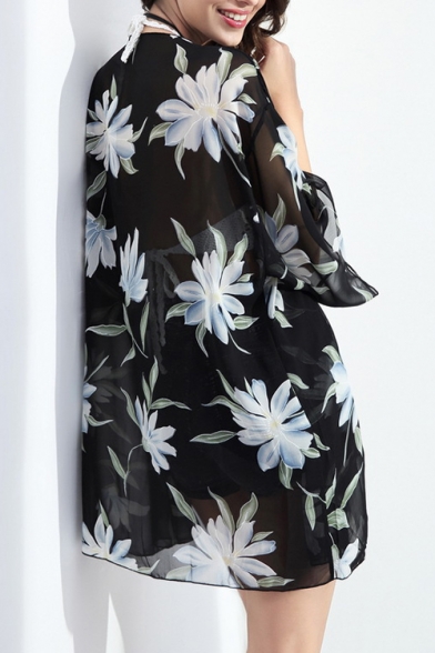 3/4 Length Sleeve Floral Printed Collarless Kimono