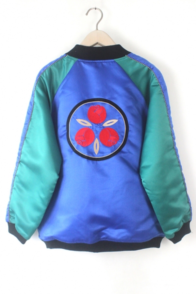 Color Block Floral Embroidered Back Stand Up Collar Long Sleeve Zip Up Baseball Jacket
