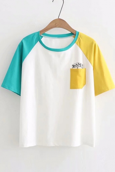 Color Block Letter Printed Round Neck Short Sleeve Tee with Pocket