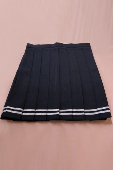 Contrast Striped Zipper Fly Mini Pleated Skirt