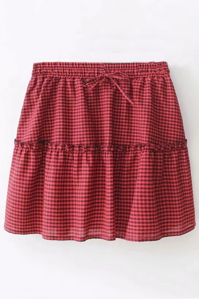 Drawstring Waist Plaid Printed Mini A-Line Skirt