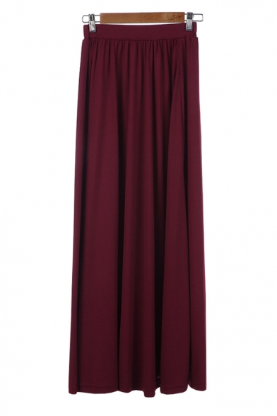Elegant Elastic Waist Plain Loose Maxi A-Line Skirt
