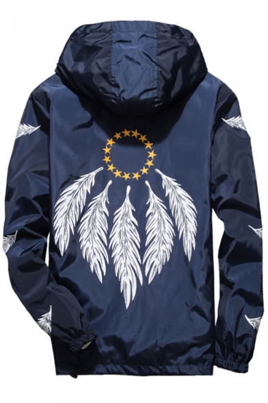 Feather Pentagram Printed Long Sleeve Zip Up Hooded Coat