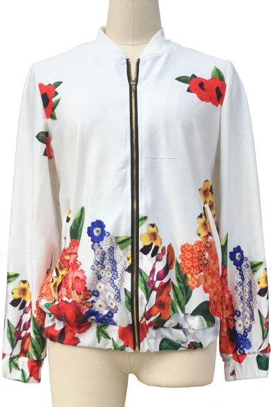 Floral Printed Zip Up Long Sleeve Stand Up Collar Baseball Jacket