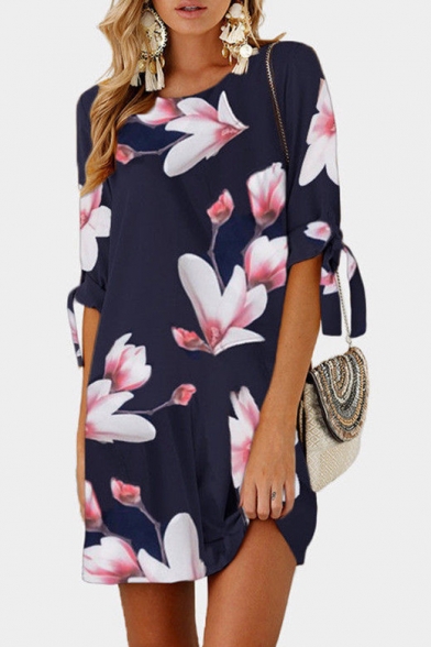 

Half Sleeve Floral Printed Round Neck Mini A-Line Dress, Black;blue;burgundy;white;gray;khaki