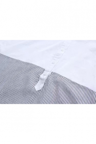 Lapel Collar Color Block Striped Printed 3/4 Length Sleeve Tunic Shirt