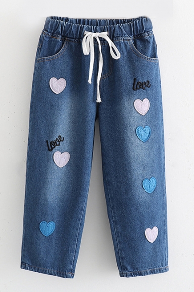 LOVE Letter Heart Embroidered Drawstring Waist Straight Crop Jeans