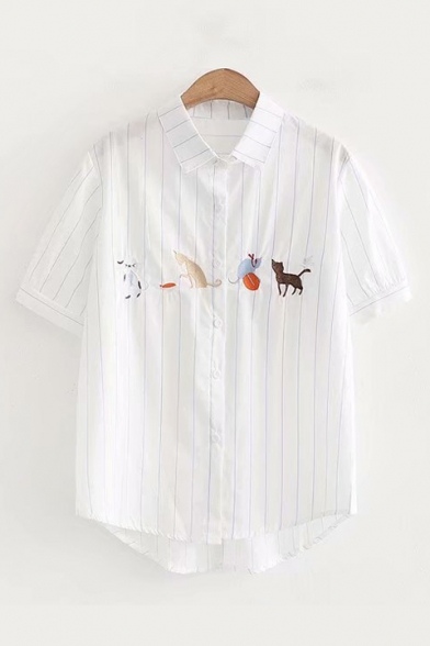 Lovely Cat Embroidered Striped Printed Lapel Collar Short Sleeve Buttons Down Shirt