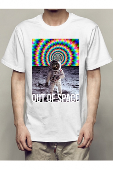 OUT OF SPACE Letter Astronaut Printed Round Neck Short Sleeve Tee