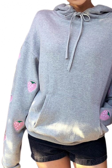 Strawberry Embroidered Long Sleeve Hoodie