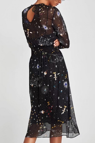 Two Pieces Universe Printed Round Neck Long Sleeve Maxi A-Line Dress