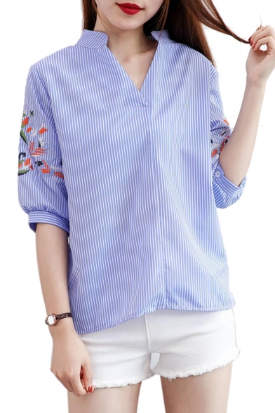 V Neck 3/4 Length Sleeve Floral Embroidered Striped Printed Blouse