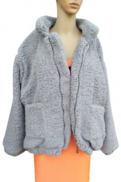Winter Warm Plain Zip Up Long Sleeve Stand Up Collar Plush Coat