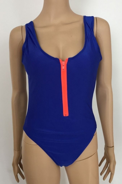 Zipper Front Sleeveless Open Back Plain One Piece Swimwear