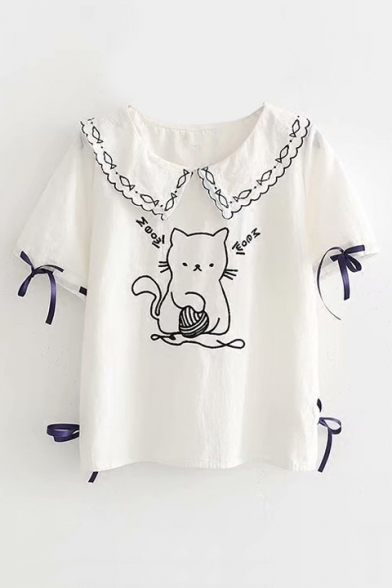 

Cute Cat Embroidered Navy Collar Short Sleeve Bow Embellished Tee