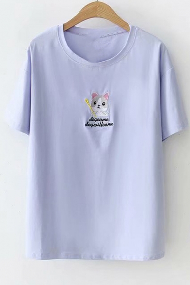 Dog Letter Embroidered Round Neck Short Sleeve Tee