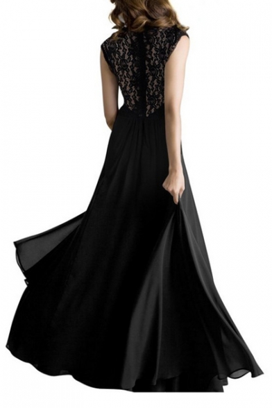 Elegant V Neck Lace Insert Sleeveless Maxi A-Line Party Dress