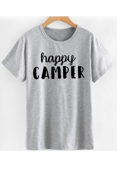 HAPPY CAMPER Letter Printed Round Neck Short Sleeve Tee