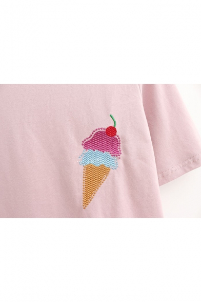 Ice Cream Embroidered Round Neck Short Sleeve Tee