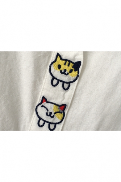 Lapel Collar Short Sleeve Cat Embroidered Blouse