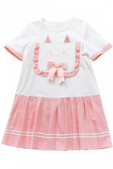 Lovely Cat Embroidered Bow Embellished Round Neck Color Block Striped Printed Mini A-Line Dress