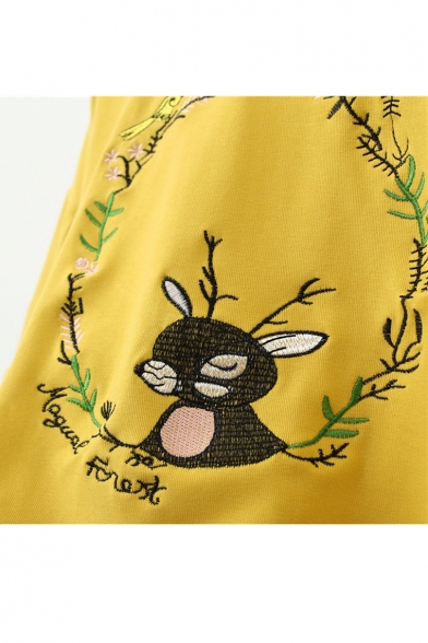 Rabbit Bird Branch Embroidered Round Neck Short Sleeve Crop Tee