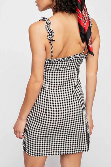 Retro Plaid Printed Straps Sleeveless Buttons Down Mini Cami Dress