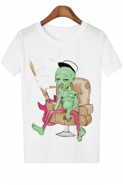 

Smoking Alien Printed Round Neck Short Sleeve Leisure Tee