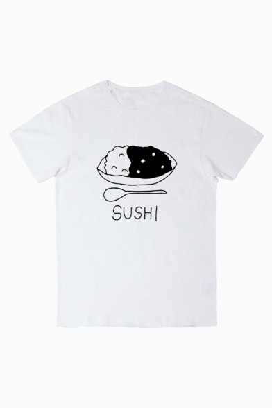 SUSHI Letter Food Printed Round Neck Short Sleeve Tee