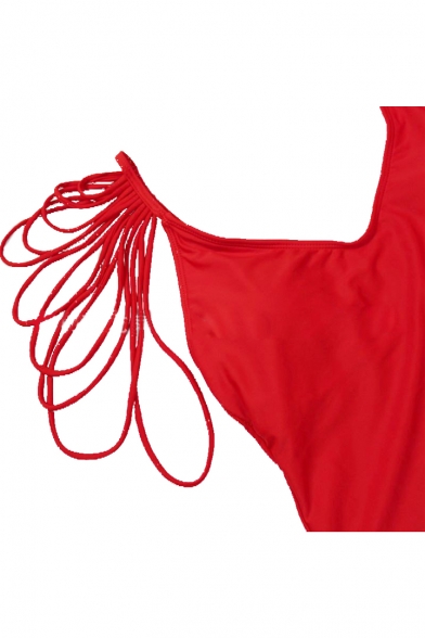 Tassel Straps Embellished Spaghetti Straps Sleeveless Plain One Piece Swimwear