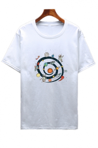 Universe Planet Printed Round Neck Short Sleeve Tee