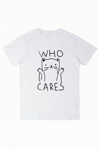 WHO CARES Letter Cat Printed Round Neck Short Sleeve Tee