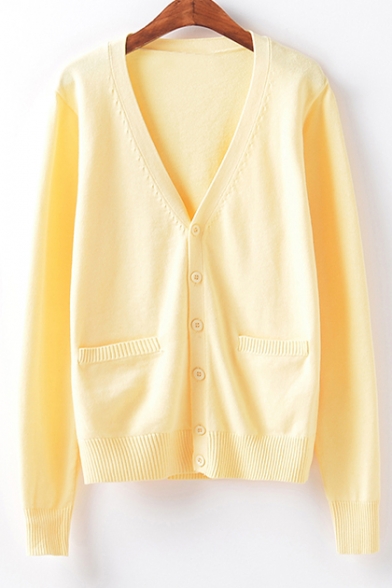 Basic Long Sleeve Plain Buttons Down Ribbed Cardigan