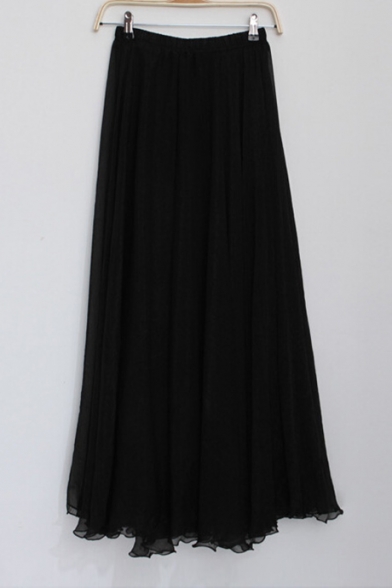 Bohemia Style Elastic Waist Plain Maxi Chiffon A-Line Skirt