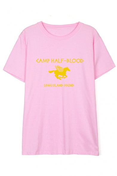 CAMP HALF BLOOD Letter Horse Printed Round Neck Short Sleeve Tee