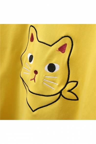 Cat Embroidered Leisure Round Neck Short Sleeve Crop Tee